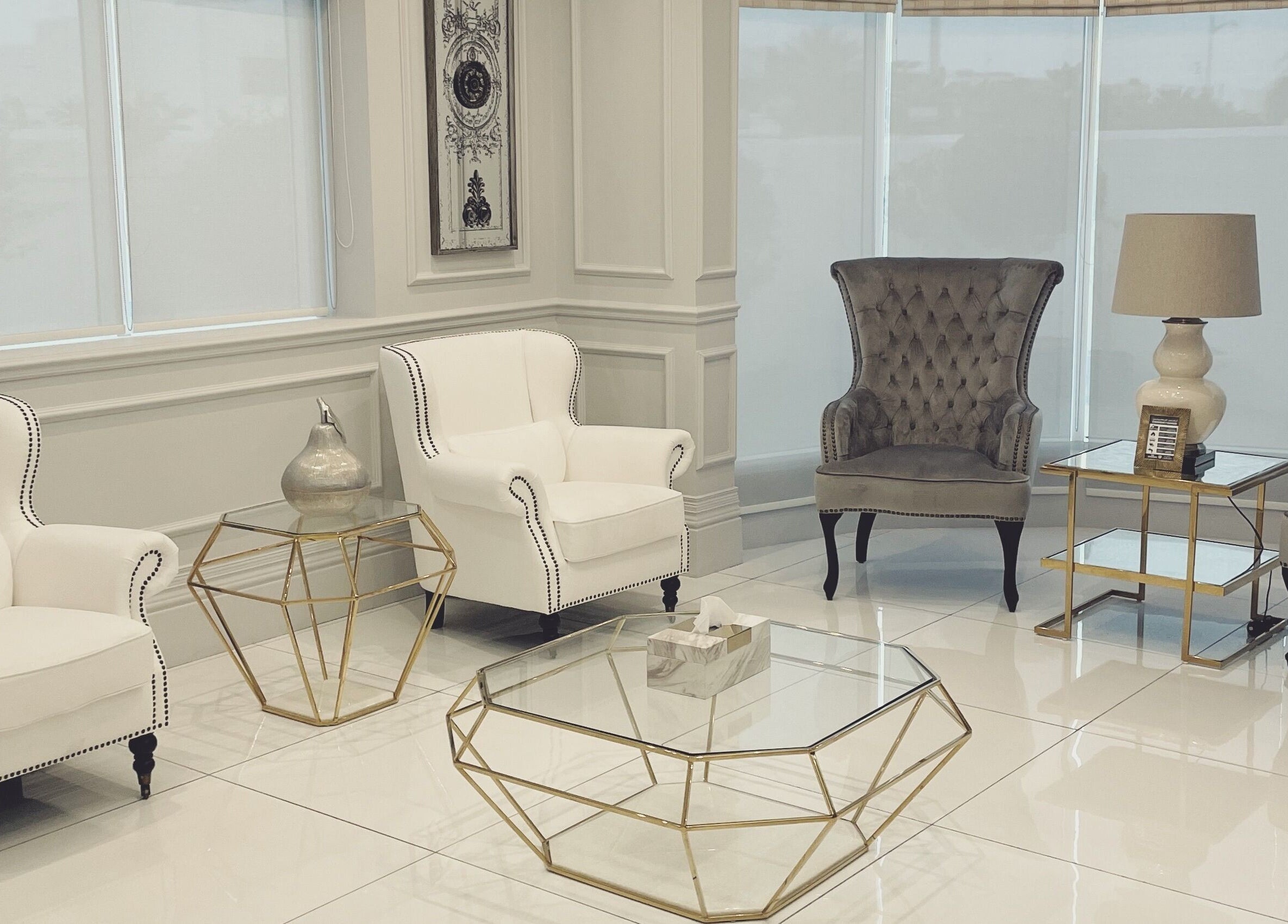 Chic lounge at Brows by Patsy, Dubai, Dubai, AE, featuring plush chairs and glass tables.