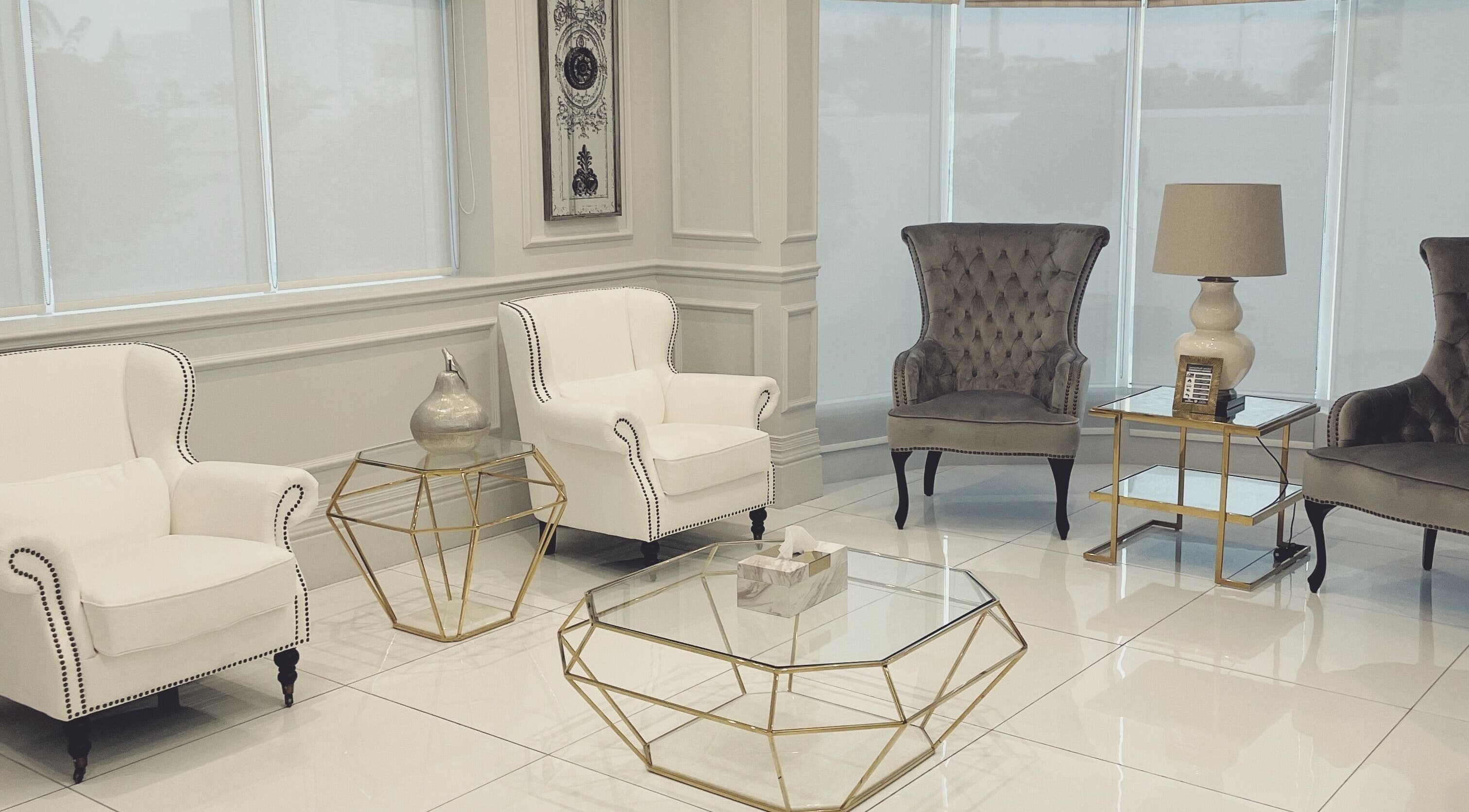 Chic lounge at Brows by Patsy, Dubai, Dubai, AE, featuring plush chairs and glass tables.