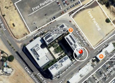Aerial view highlighting SJ Hair Collective, Innaloo, Western Australia, AU near free parking areas.