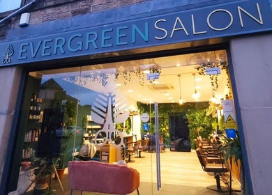 Front view of Evergreen Salon Durham Road, Gateshead, England, GB showcasing its stylish glass facade.