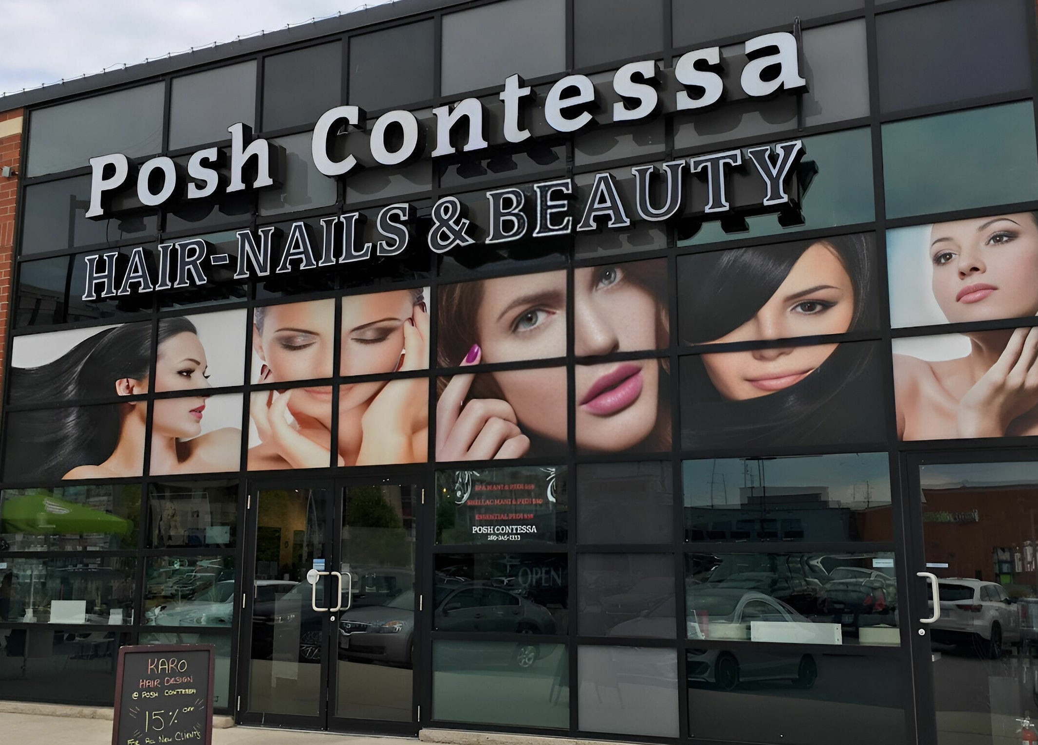 Exterior of Posh Contessa Nails Spa in Burlington, Ontario, CA showcasing beauty service offerings.
