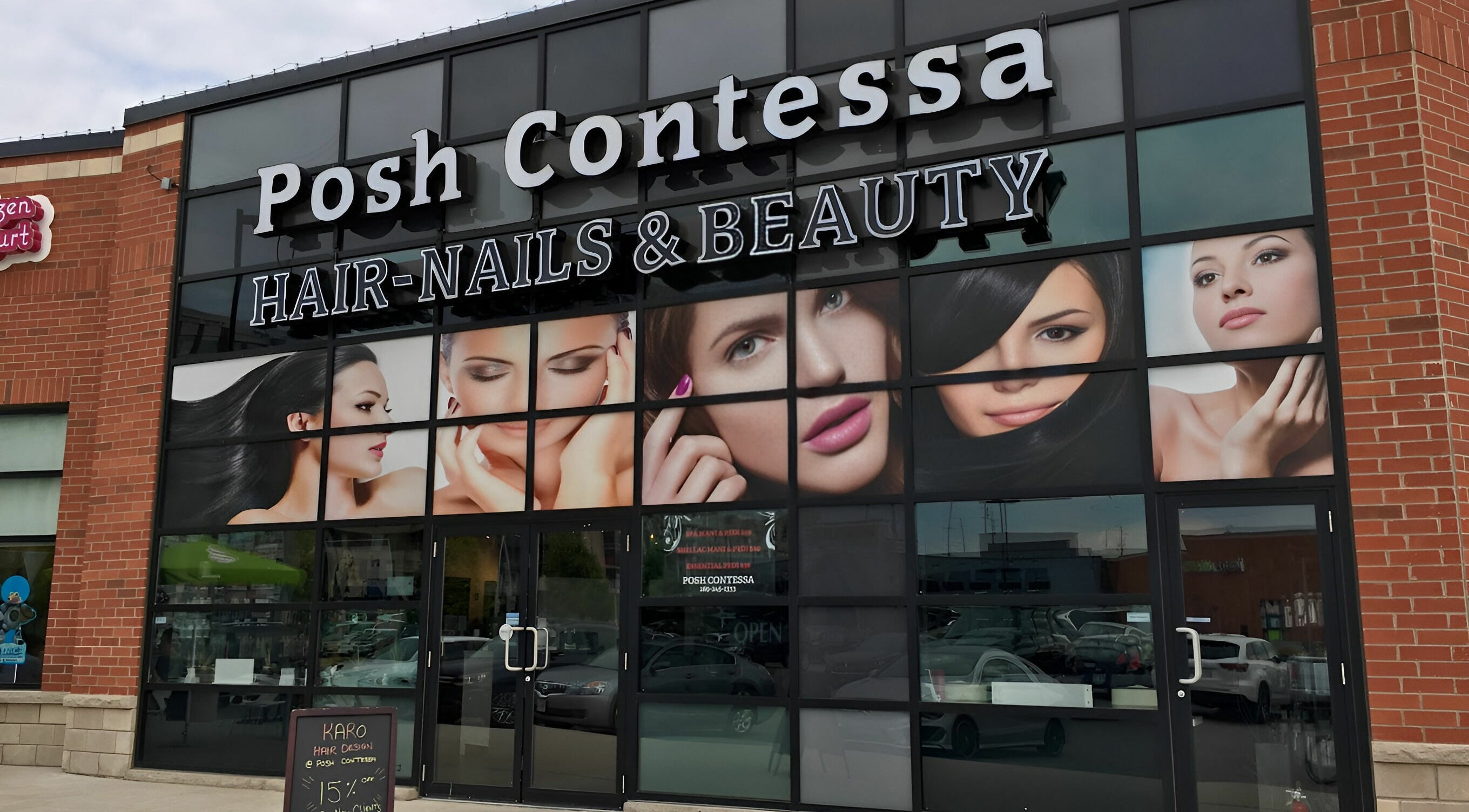 Exterior of Posh Contessa Nails Spa in Burlington, Ontario, CA showcasing beauty service offerings.