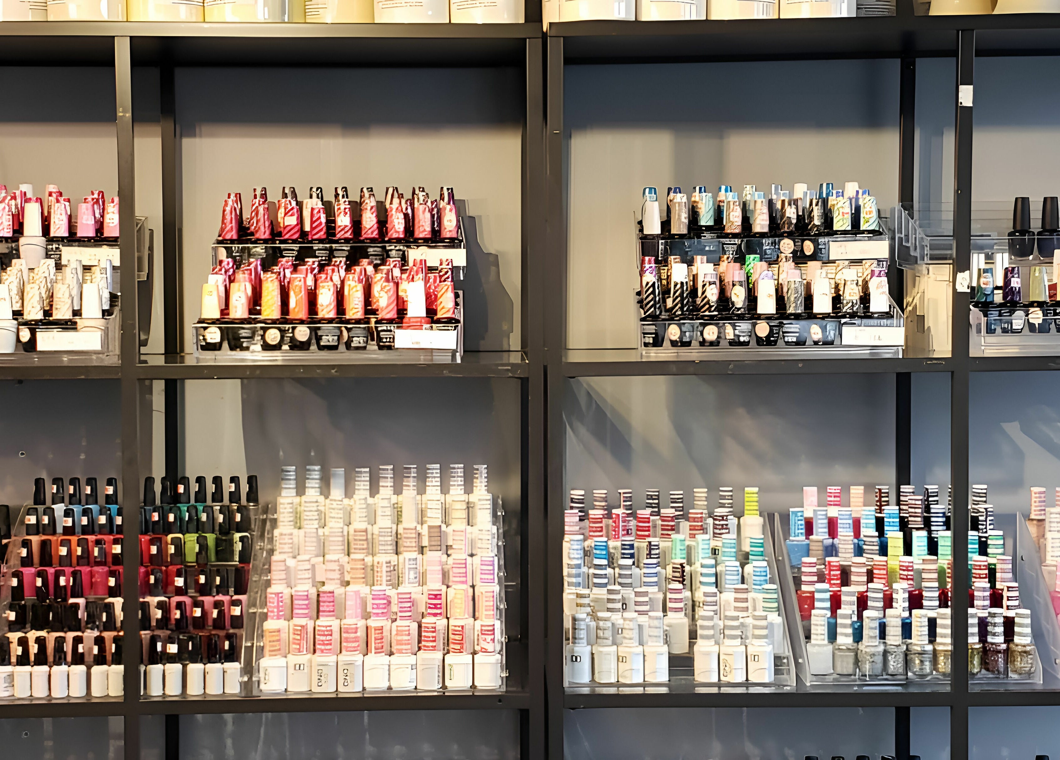 Wide range of vibrant nail polishes on display at Posh Contessa Nails Spa, Burlington, Ontario, CA.