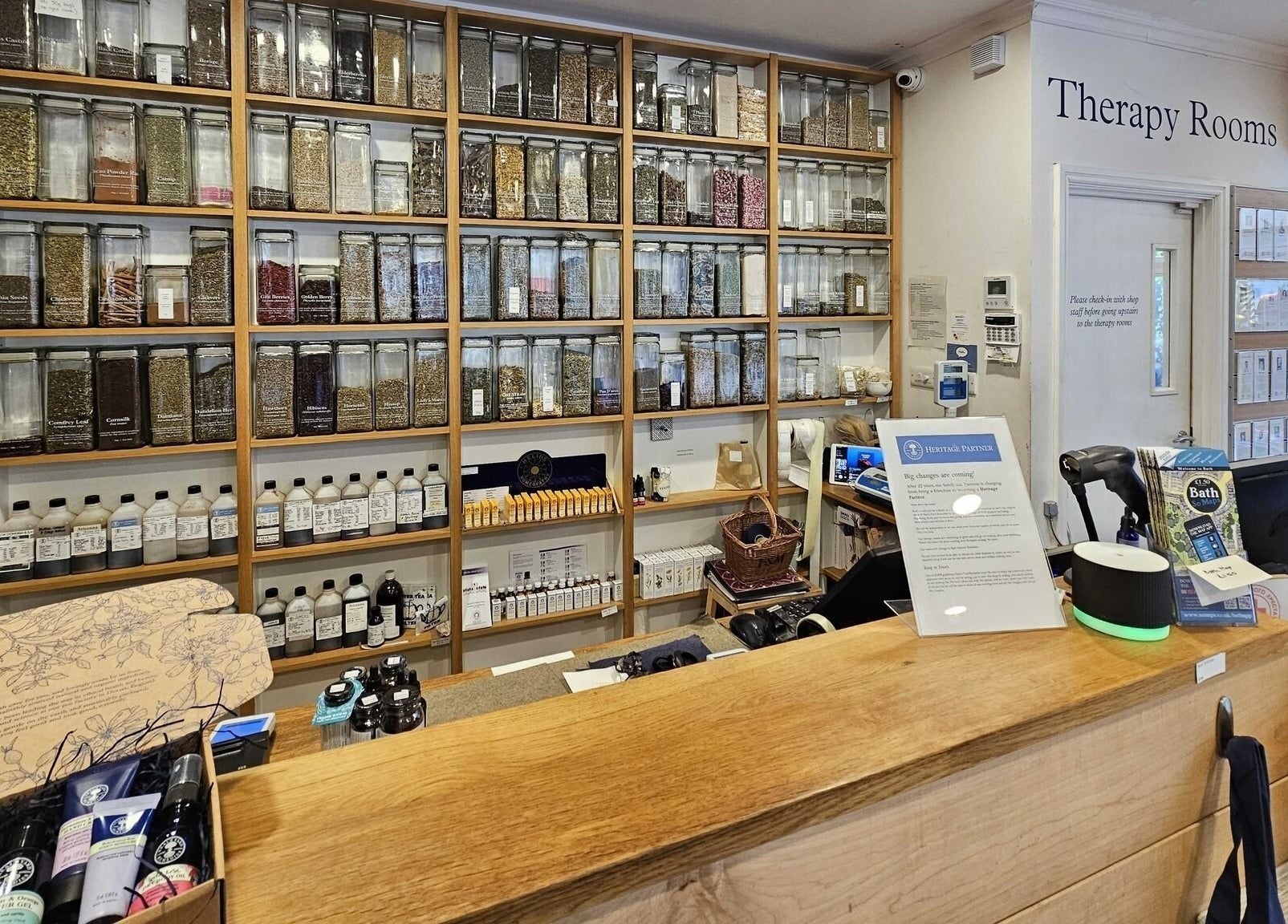 Herbal products neatly arranged at Bath Natural Remedies (Neal's Yard Remedies Heritage Partner), Bath, England, GB.