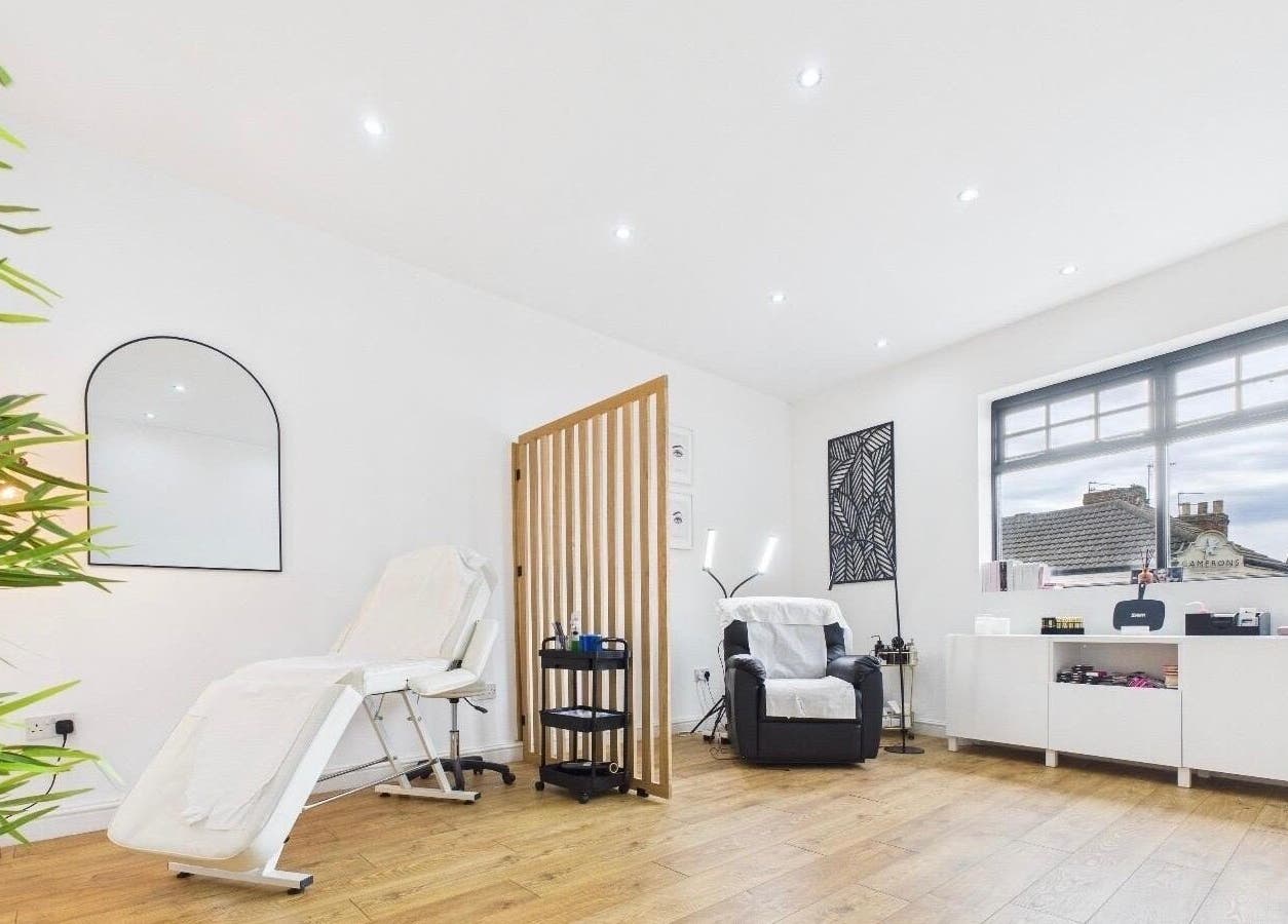 Calming treatment room at The Brow Lounge Aesthetics and Beauty, Bishop Auckland, England, GB with modern decor.