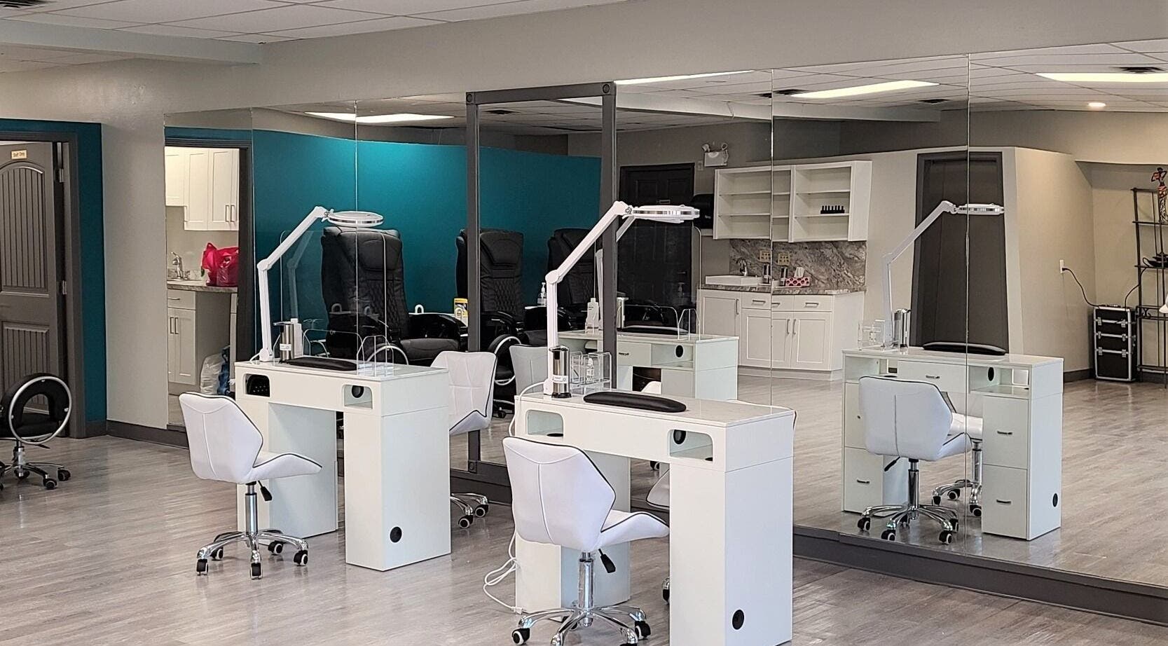 Modern spa interior at Mantra Beauty & Esthetic, Kamloops, British Columbia, CA featuring sleek workstations.