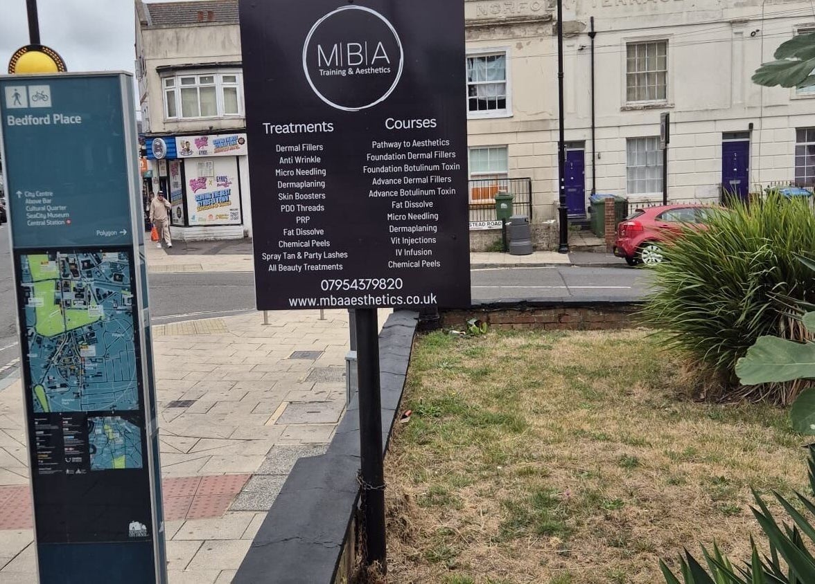 MBA Aesthetics & Training signage near Bedford Place in Southampton, England, GB, highlighting services and courses.