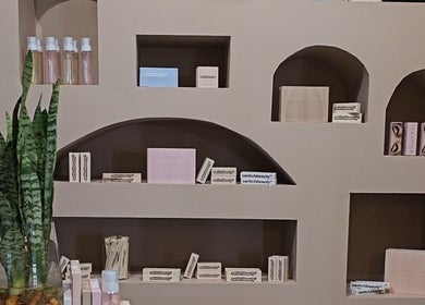 Chic shelves at Lashcore | Somerset West, showcasing beauty products in Cape Town, Western Cape, ZA.