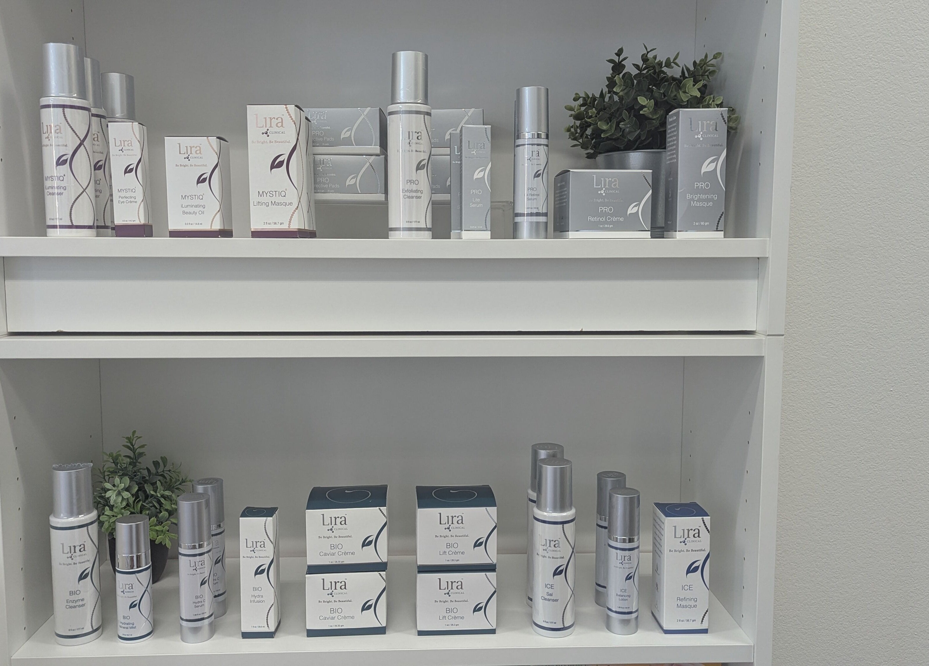 Skin care products displayed on a shelf at West Valley Aesthetics, Glendale, Arizona, US.