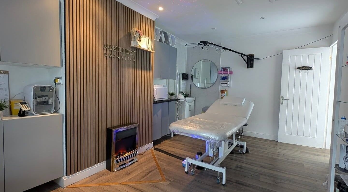 Elegant treatment room at North East Cosmetics [Easington Village], Peterlee, England, GB, featuring sleek decor.