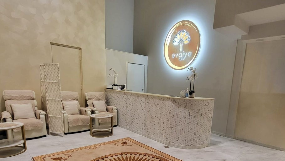 Relaxing lobby at Evaiya Spa, Surfers Paradise, Queensland, AU with plush seating and calming decor.