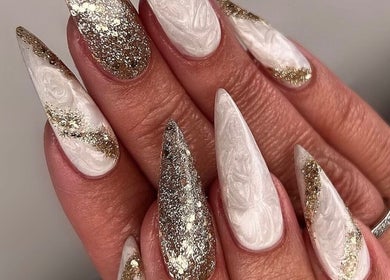 White and gold glitter nail art by Amylee Whitehouse - Nail Artist and Trainer, Chesterfield, England, GB.