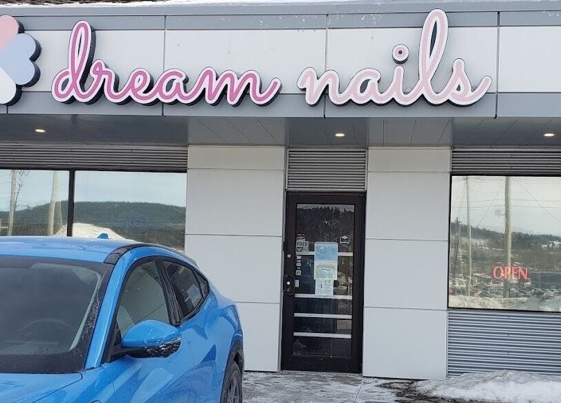 Front entrance of Dream Nails and Spa, St. John's, Newfoundland and Labrador, CA, with eye-catching signage.