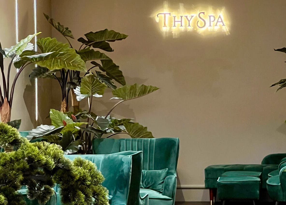 Relaxing lounge at Thy Spa Bath in Bath, England, GB with lush greenery and plush seating.