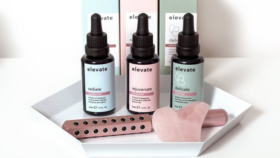 Elevate beauty oils and tools on display at Elevate, Glasgow, Scotland, GB. Perfect for skincare routines.
