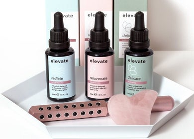 Elevate beauty oils and tools on display at Elevate, Glasgow, Scotland, GB. Perfect for skincare routines.
