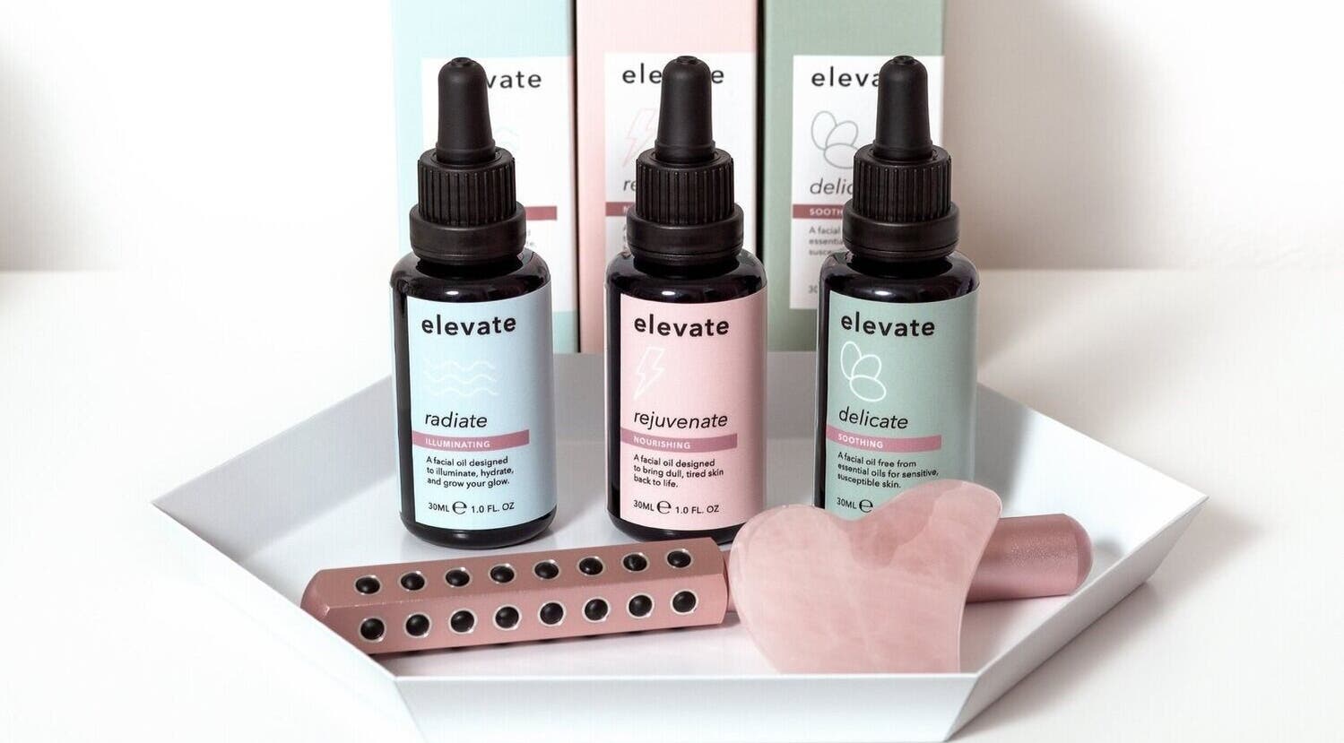 Elevate beauty oils and tools on display at Elevate, Glasgow, Scotland, GB. Perfect for skincare routines.