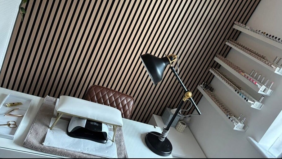 Chic nail station at The Beauty Box, North Sunderland, England, GB, showcasing stylish decor and tools.