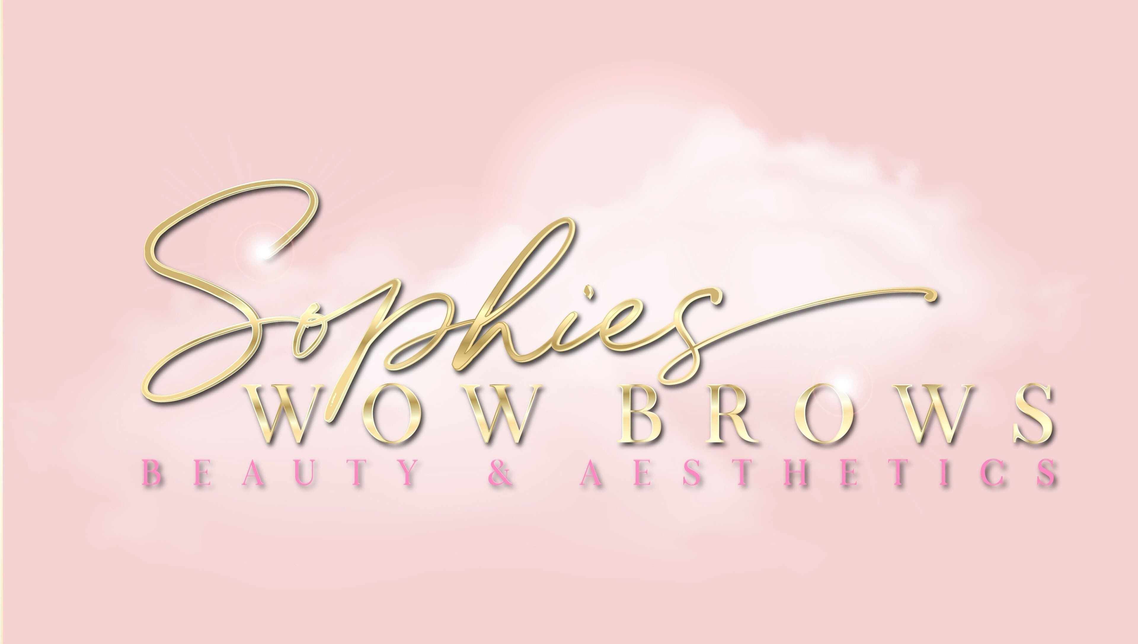 Sophies Wowbrows logo in gold on pink background, located in Selsey, England, GB.