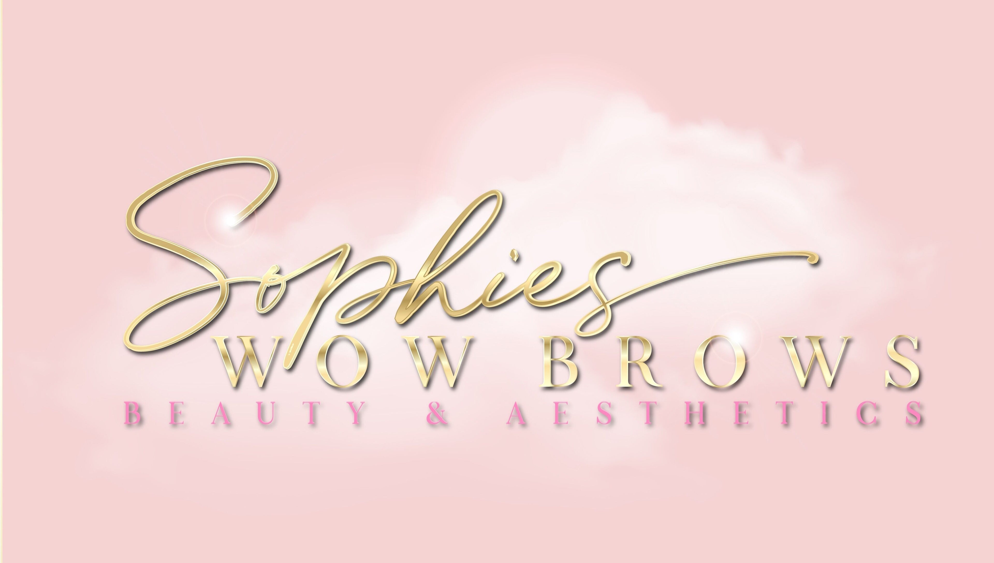 Sophies Wowbrows logo in gold on pink background, located in Selsey, England, GB.