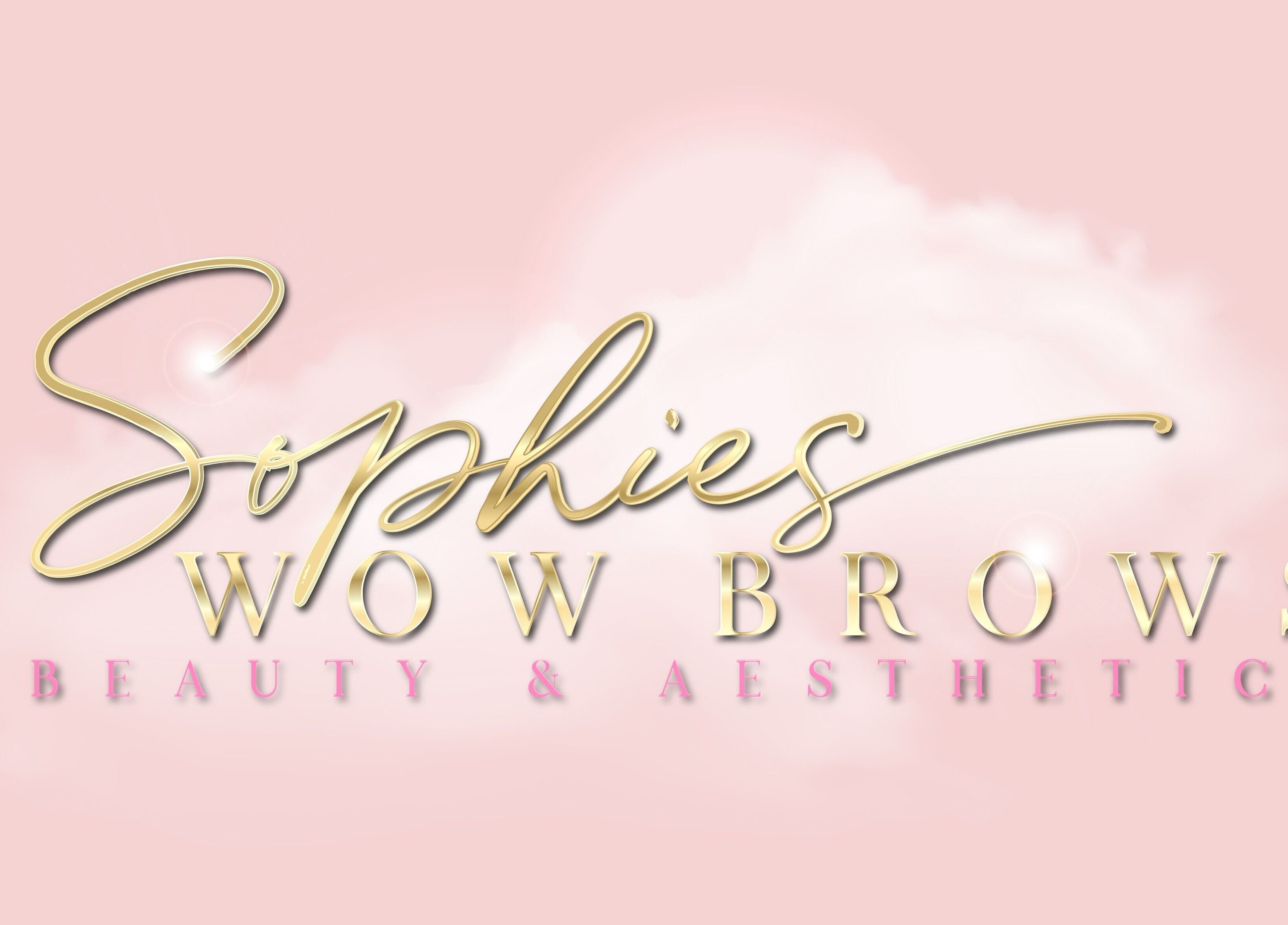 Sophies Wowbrows logo in gold on pink background, located in Selsey, England, GB.