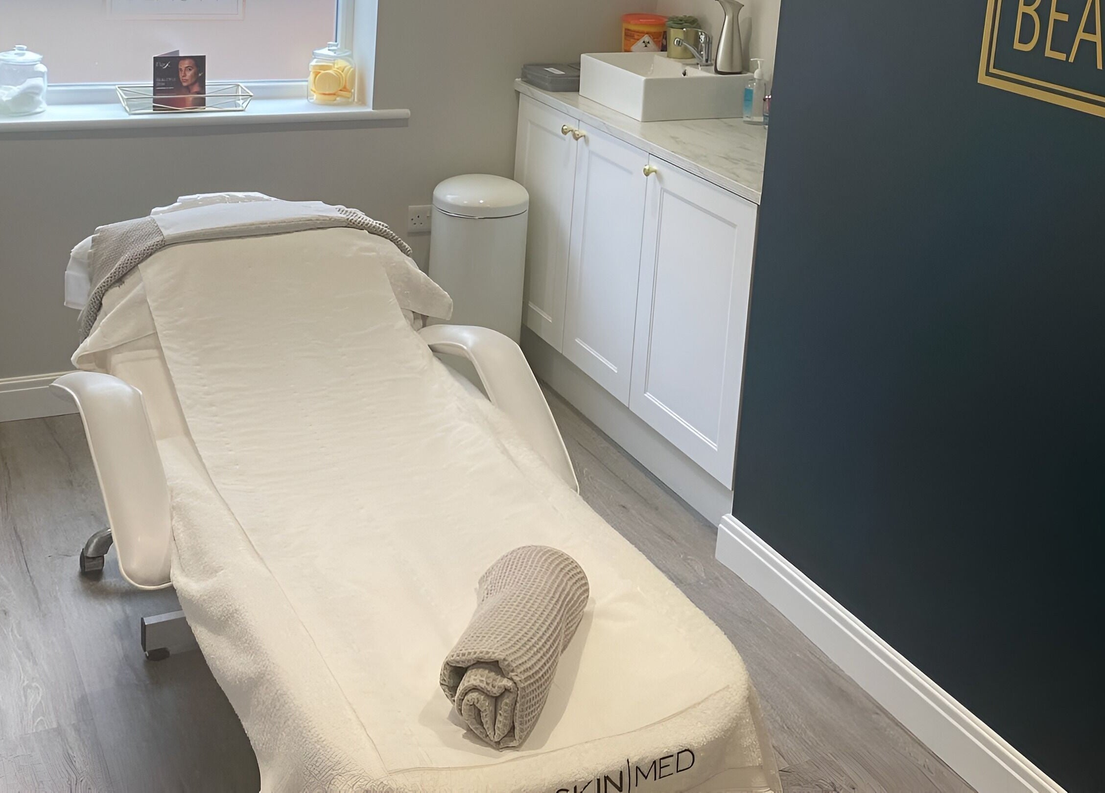 Relaxing spa room at No 5 Beauty, Wetherby, England, GB, featuring a comfortable treatment bed.