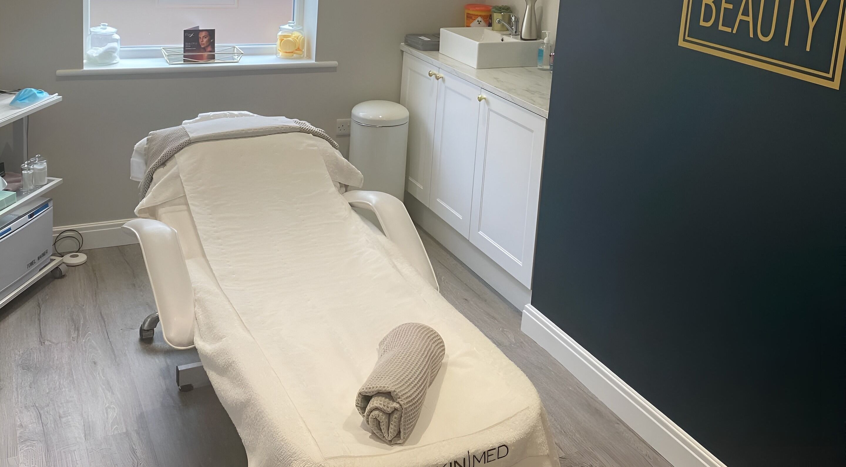 Relaxing spa room at No 5 Beauty, Wetherby, England, GB, featuring a comfortable treatment bed.