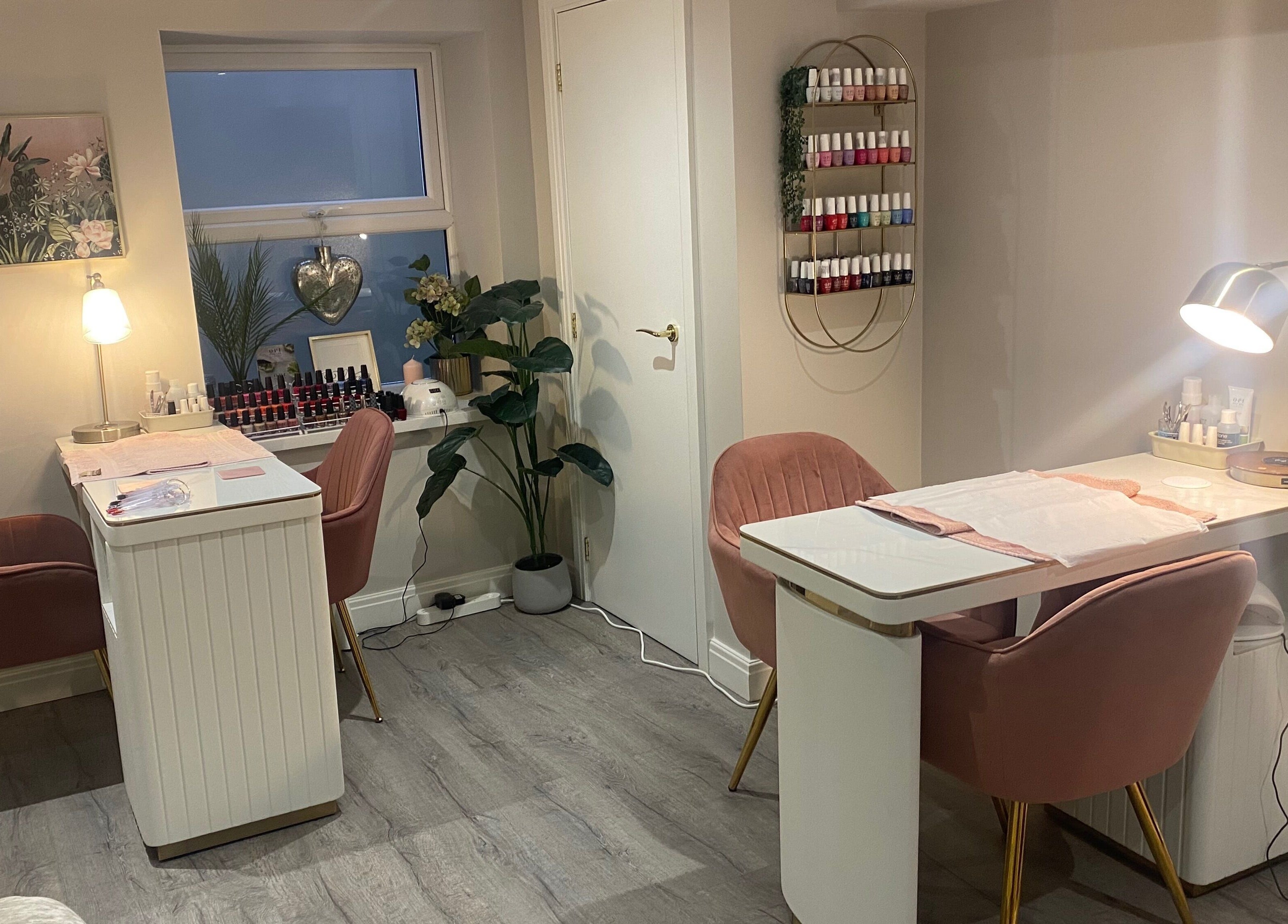 No 5 Beauty nail station with elegant decor and polish display in Wetherby, England, GB.