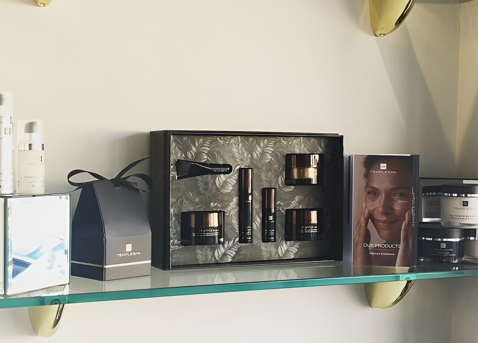 Luxury skincare products on display at No 5 Beauty, Wetherby, England, GB, showcasing elegance and quality.