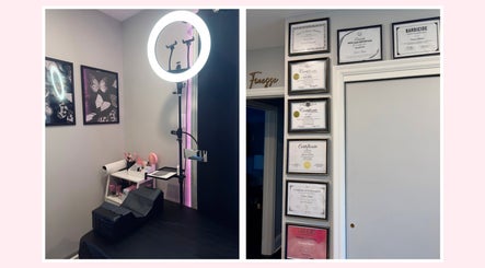 Finesse Lash and Beauty certificate wall and service station in Oshawa, Ontario, CA.