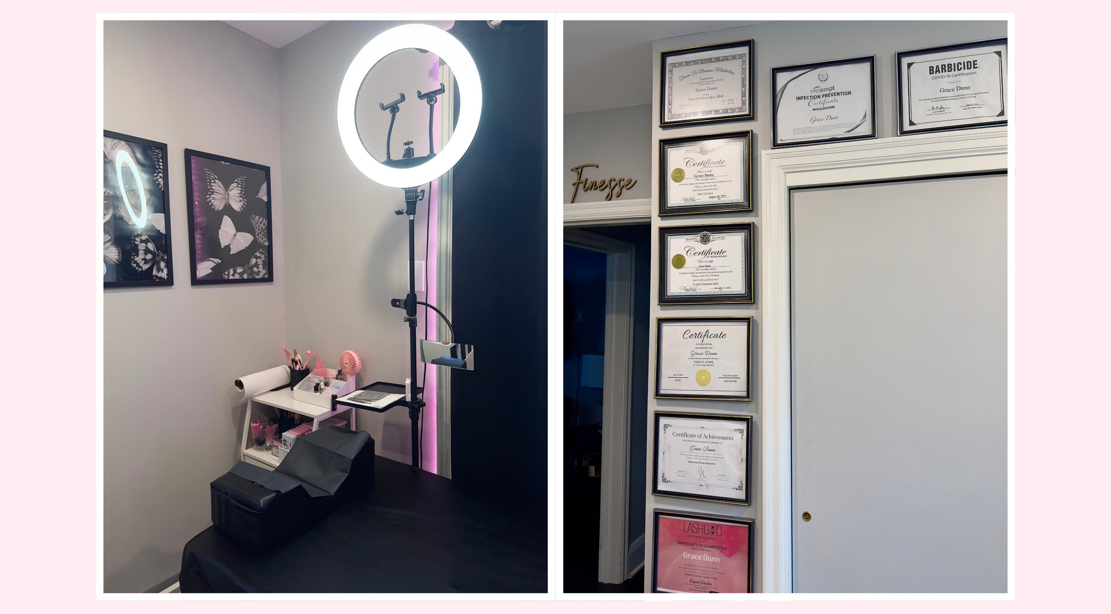 Finesse Lash and Beauty certificate wall and service station in Oshawa, Ontario, CA.