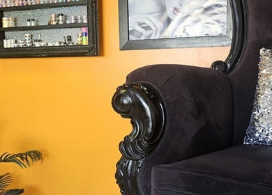 Elegant chair and sequin pillow in The Polish Room, Taupō, Waikato, NZ.