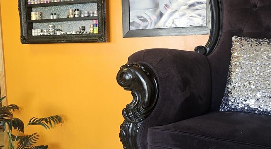 Elegant chair and sequin pillow in The Polish Room, Taupō, Waikato, NZ.