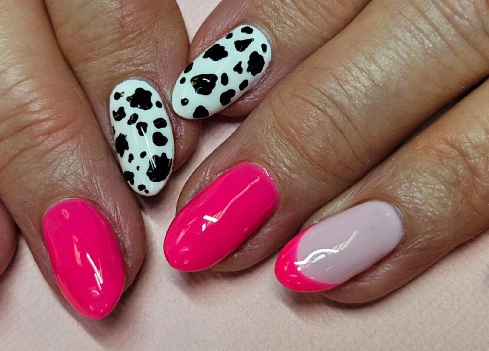 Bright pink and black spotted nail art at The Polish Room, Taupō, Waikato, NZ.