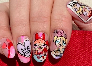 Unique cartoon nail art at Ally B Nails, Aylesbury, England, GB. Bold designs on manicured fingertips.