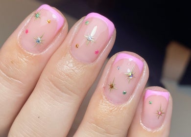 Intricate nail art with pink tips at Ally B Nails, Aylesbury, England, GB.