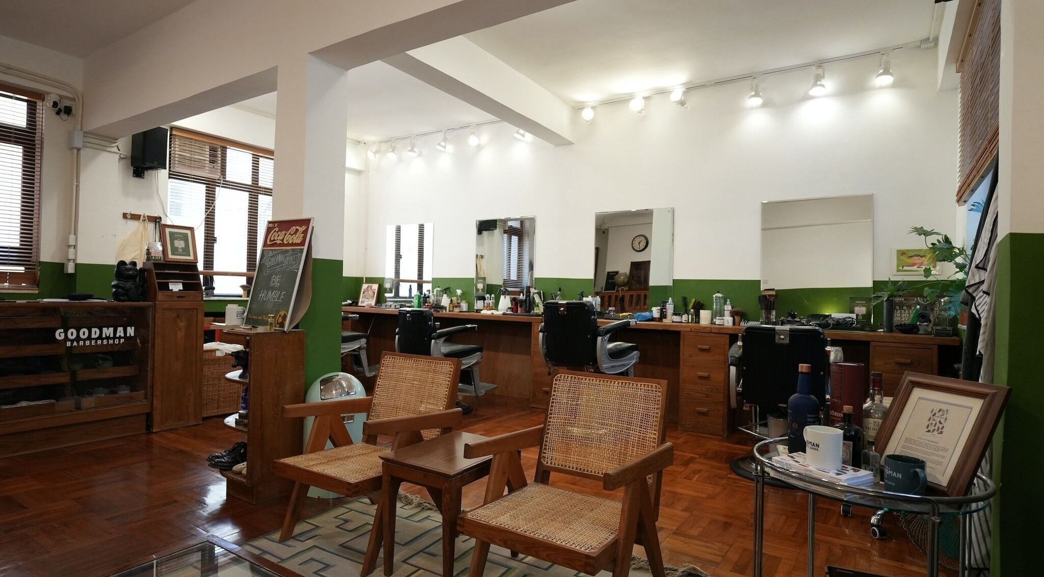 Interior of Goodman Barber Shop (Causeway Bay) featuring retro decor and barber chairs in Hong Kong Island, HK.