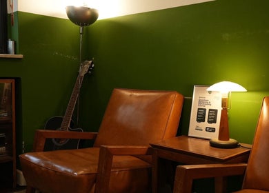 Cozy waiting area with leather chairs at Goodman Barber Shop (Causeway Bay), Hong Kong Island, HK.