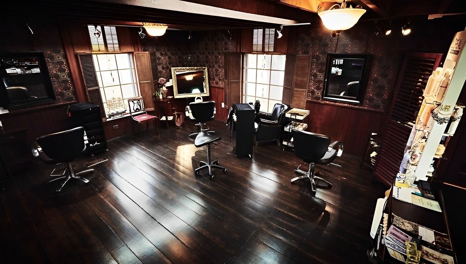 Vintage salon interior at Steampunk'd Salon and Gallery, Yarmouth, Nova Scotia, CA with classic decor.