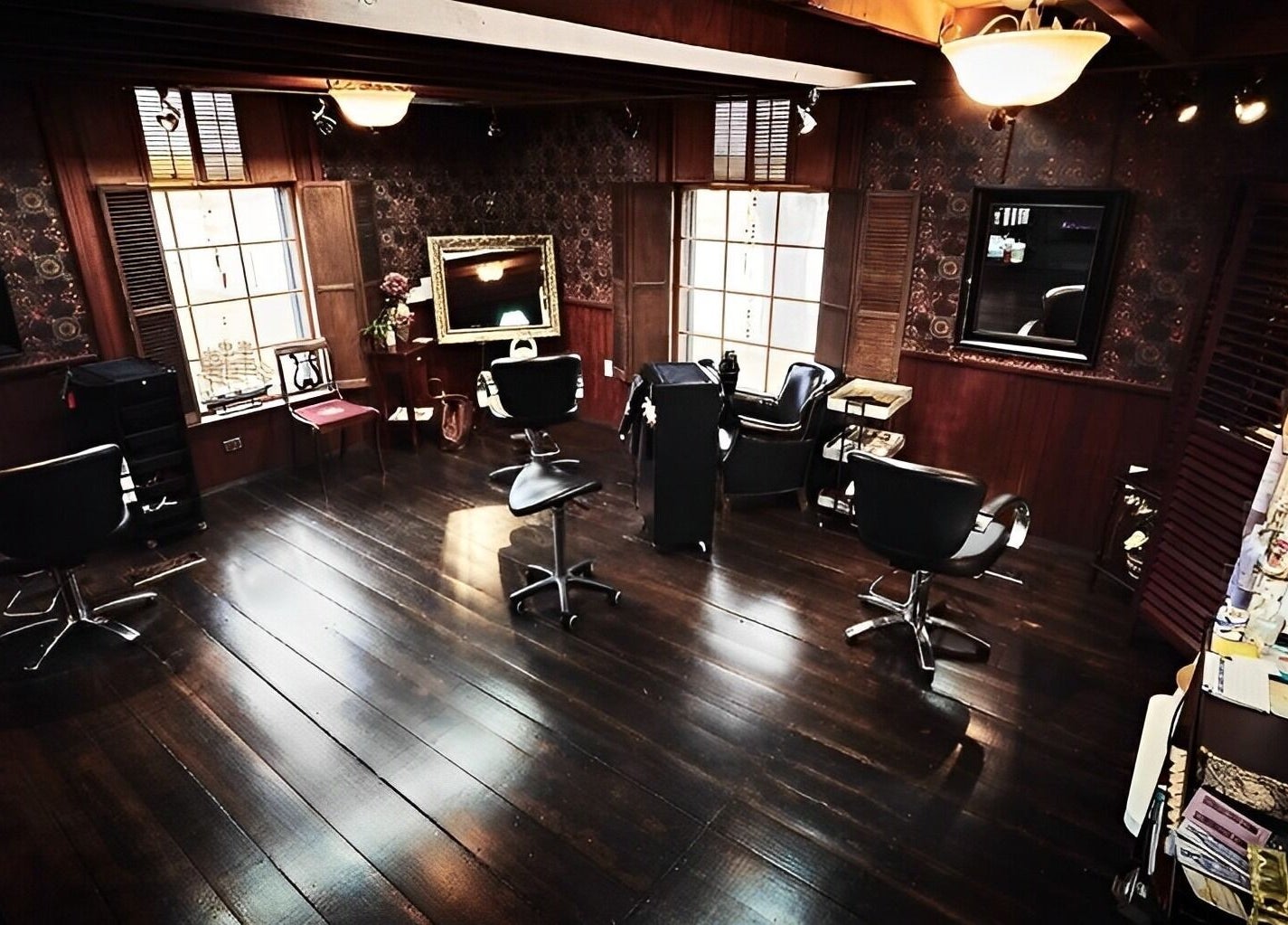 Vintage salon interior at Steampunk'd Salon and Gallery, Yarmouth, Nova Scotia, CA with classic decor.