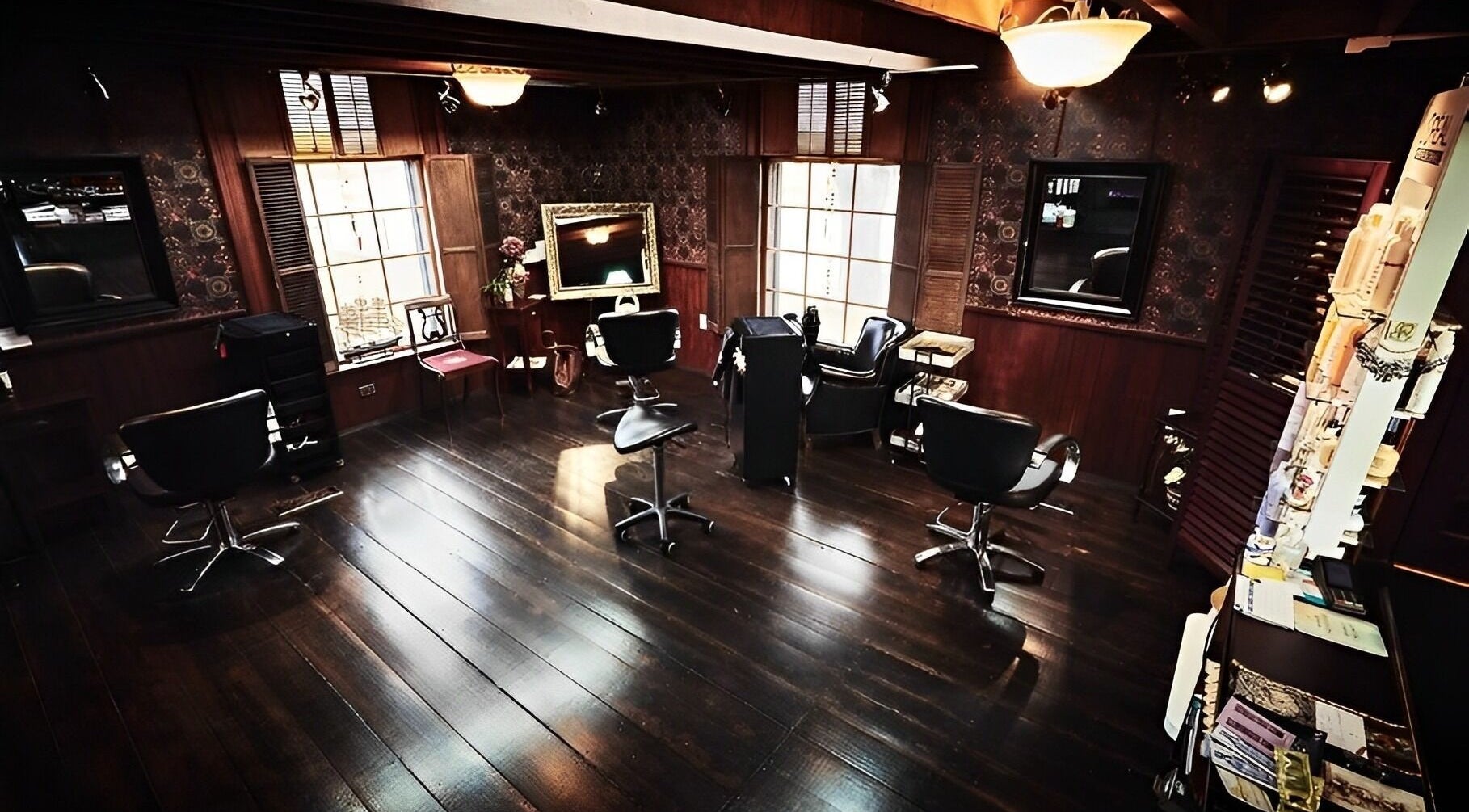 Vintage salon interior at Steampunk'd Salon and Gallery, Yarmouth, Nova Scotia, CA with classic decor.