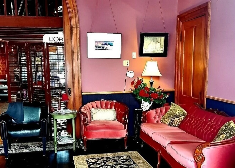 Cozy seating area at Steampunk'd Salon and Gallery, Yarmouth, Nova Scotia, CA.