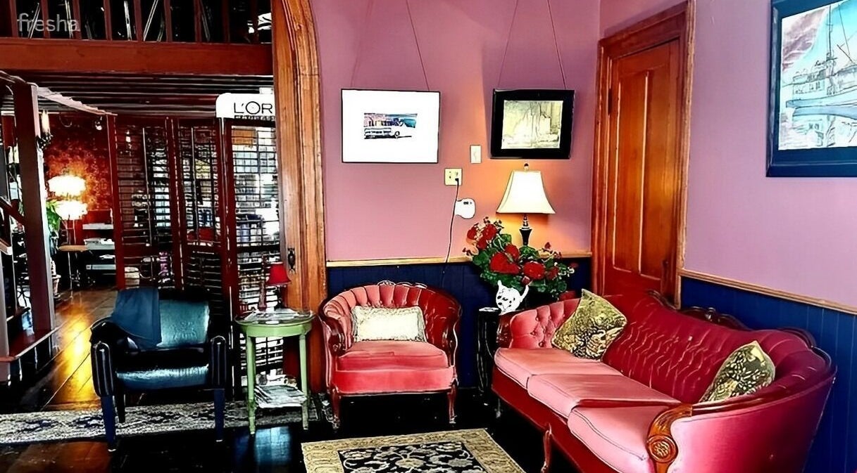 Cozy seating area at Steampunk'd Salon and Gallery, Yarmouth, Nova Scotia, CA.
