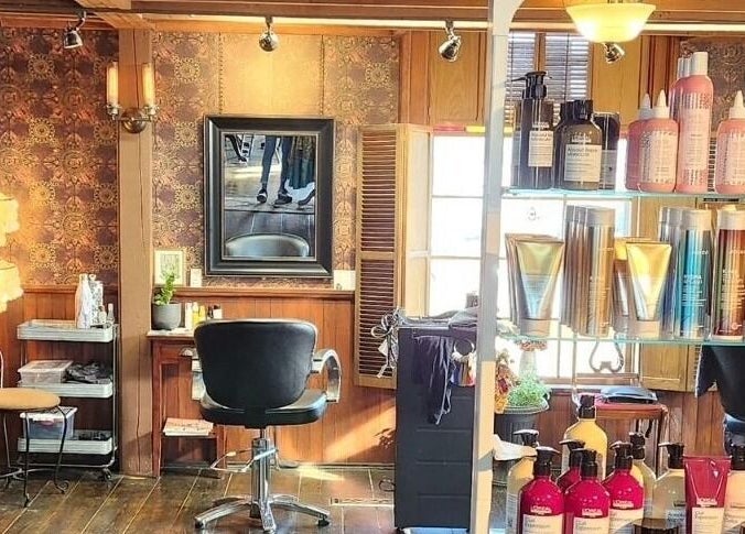 Steampunk'd Salon and Gallery interior in Yarmouth, Nova Scotia, CA blends vintage decor and beauty products.