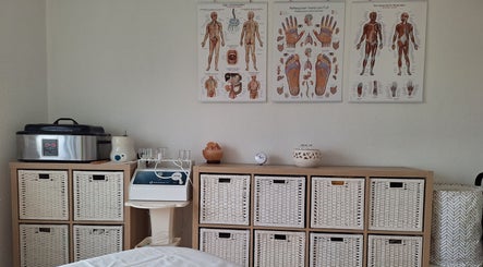 Therapieraum bei Xundi Naturheilpraxis Jasmin Bell in Winterthur, Zürich, CH: Geräte und anatomische Poster.