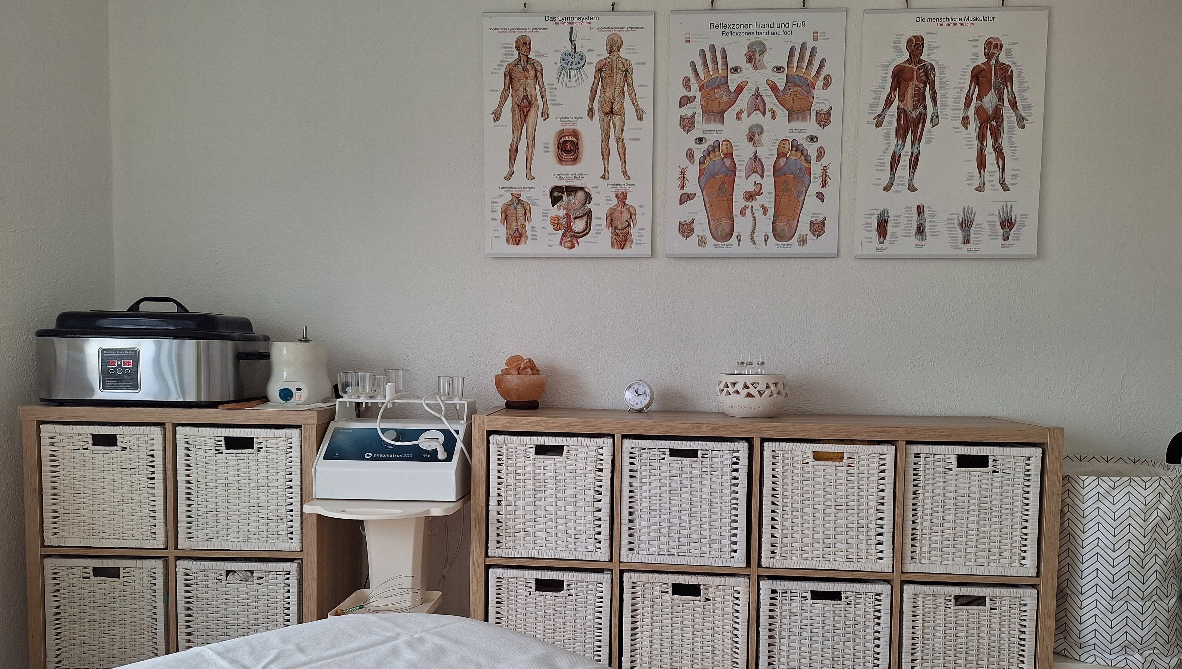 Innenraum der Xundi Naturheilpraxis Jasmin Bell mit medizinischen Postern in Winterthur, Zürich, CH.