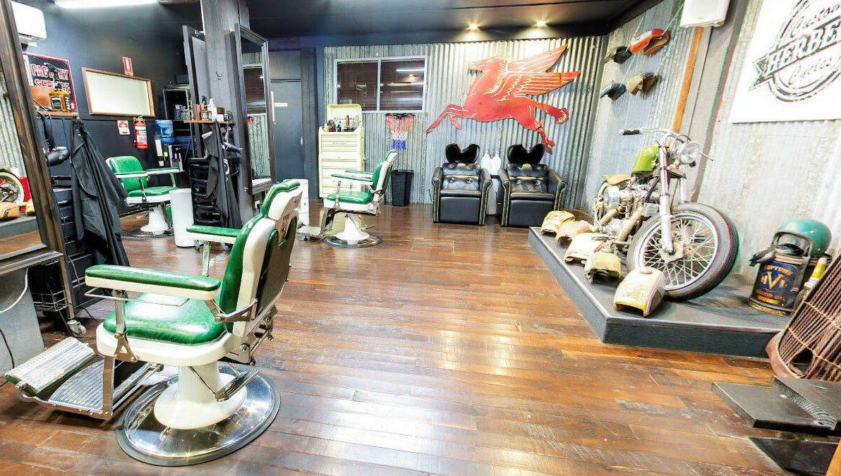 Vintage barber chairs in SHED Barbershop, Gladstone Central, Queensland, AU.