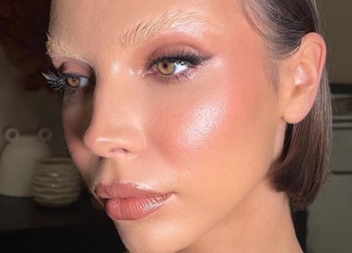 Close-up of a woman's polished makeup at Emily Marietta Barker, Glasgow, Scotland, GB.