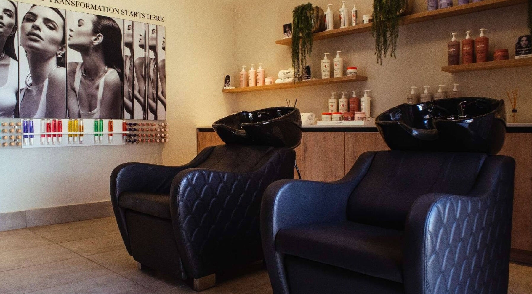 Luxurious hair salon interior at The Glow, featuring chic chairs and beauty products in Benoni, Gauteng, ZA.