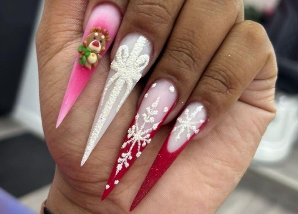 Intricate festive nail design at Alexa’s Dominican Salon, Woodbridge Township, New Jersey, US.